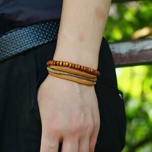 Brown Multi-layer Cowhide Adjustable New Wooden Bead Wrist Bracelet Boho Twine